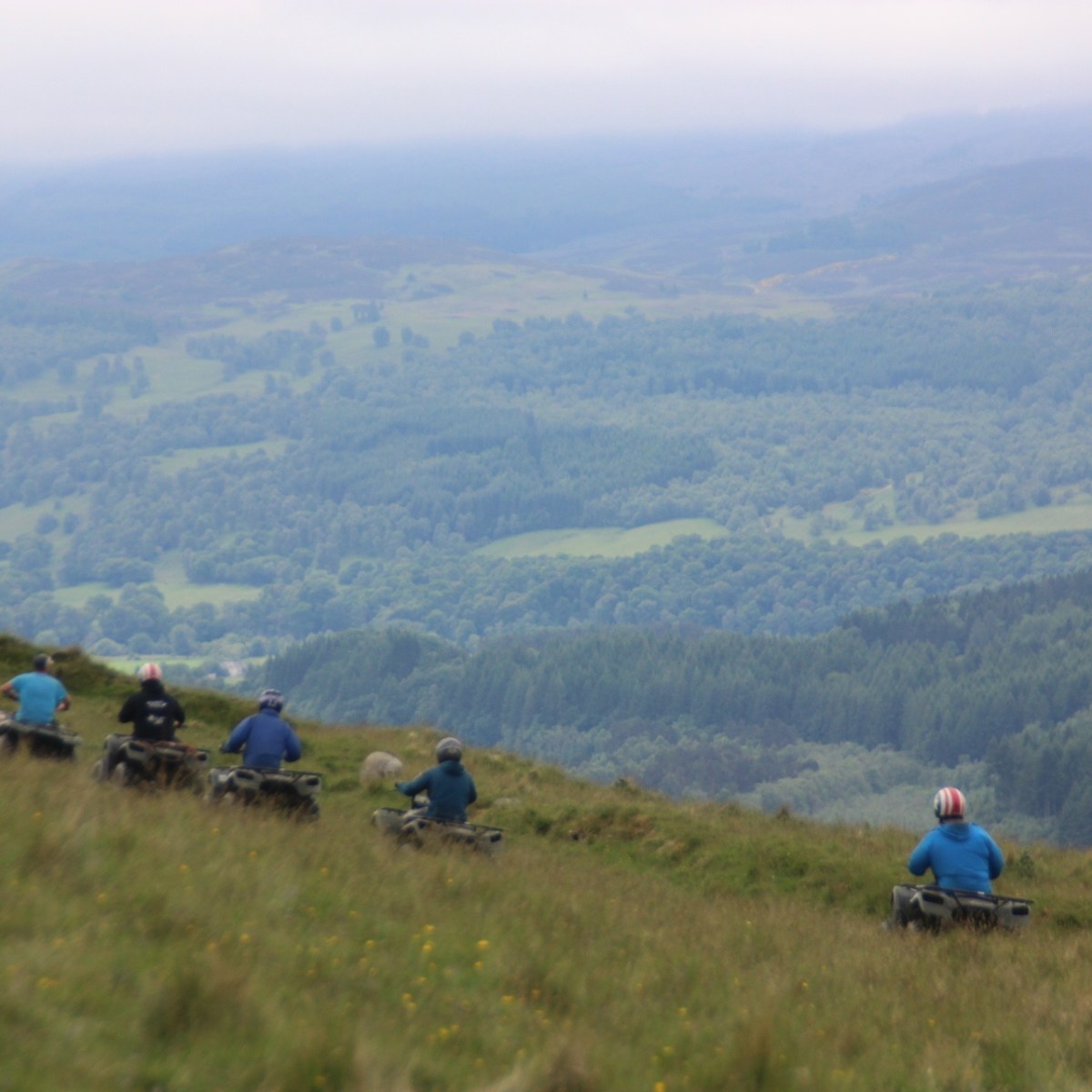 a group of people on a grassy hill